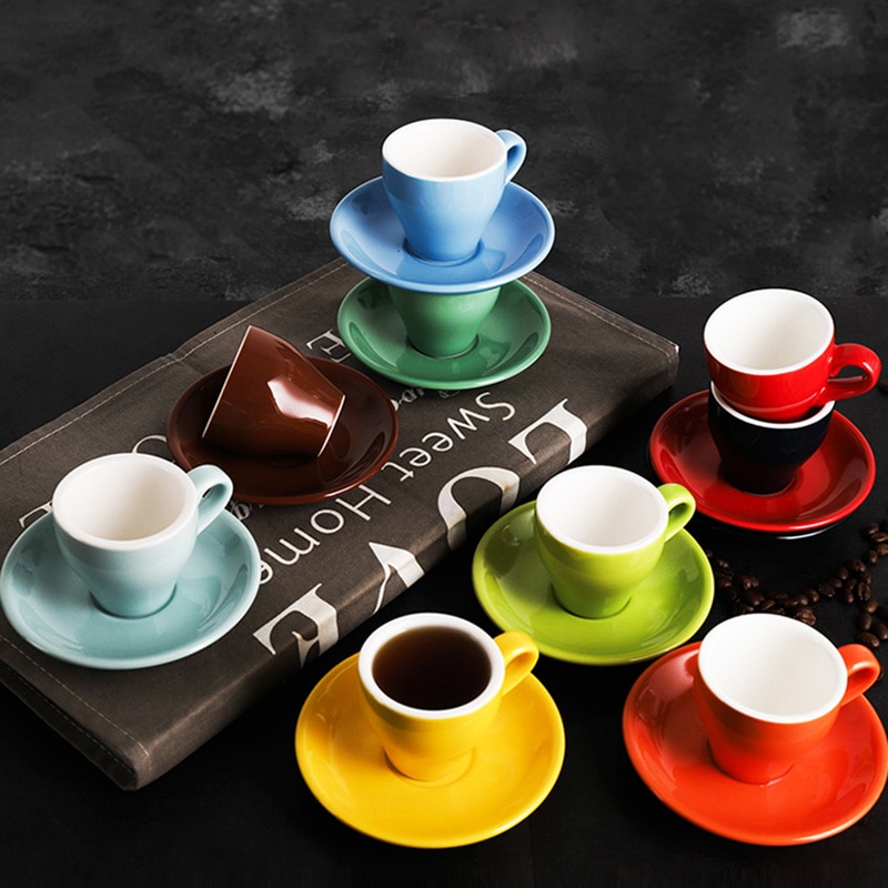 80ml Espresso Kaffee Becher einstellen Farbige Glasur Keramik Kaffee Tasse und Untertasse Heimat Küche Zubehör Getränk kahve fincan takimlari