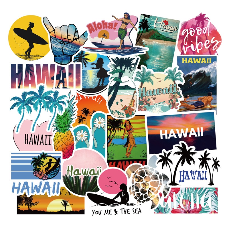 50Stck draussen Hawaii Surfen Aufkleber Sommer Sport tropisch Strand Surfen Wasserdichte Surfbrett Auto Skateboard Laptop Aufkleber