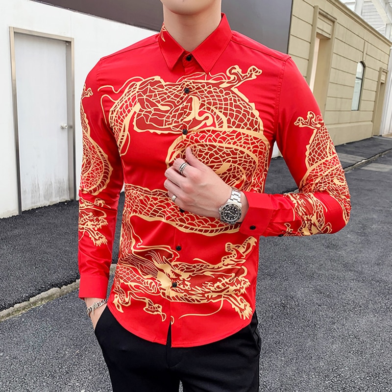 Chinesische Neue Jahr Kleidung Herren China Hemden schlank passen verrotten Chinesischen Spitzen Traditionelle Chinesische Kleidung für Männer Drache Gedruckt Hemden