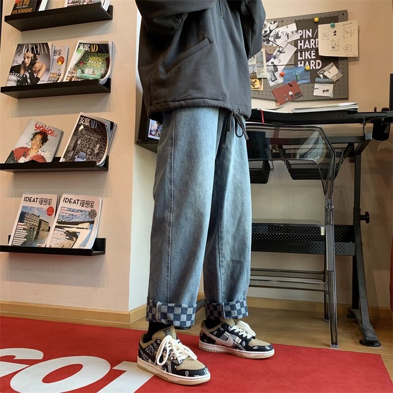 Frühling Männer's gerade Hose Plaid Drucken lässig Hose Jeans Schwarz/Blau Farbe Mens lose Hose Plus Größe M-2XL