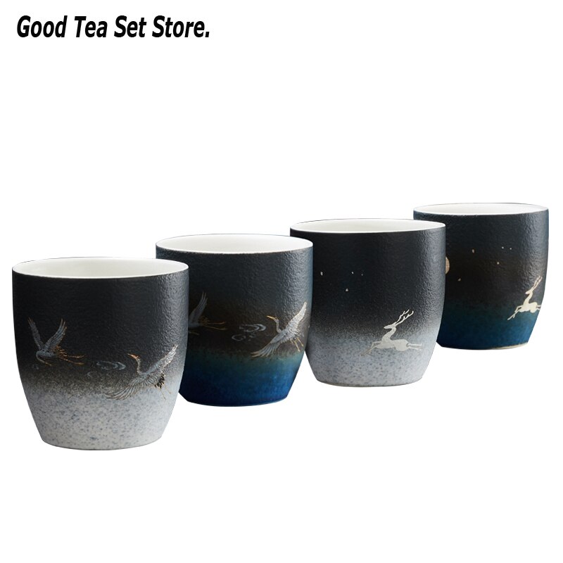 matt Keramik Tasse Hand Gemalt sternenklar Himmel Hirsch Kran Tasse Kung Fu Tasse Tee-einstellen Kaffee Becher Wein einstellen Teaset teegeschirr Getränk