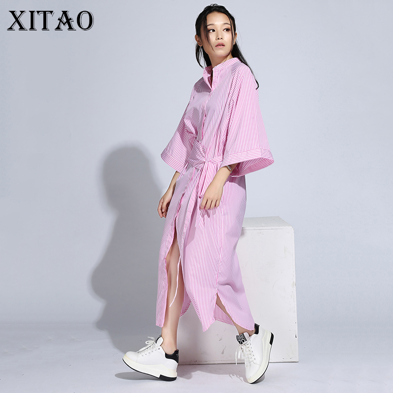 [XITAO] Koreanische herbst frauen verlieren gestreiften hemd kleid beiläufige verlieren halbe hülse stehkragen knöchel-länge kleid HJF005