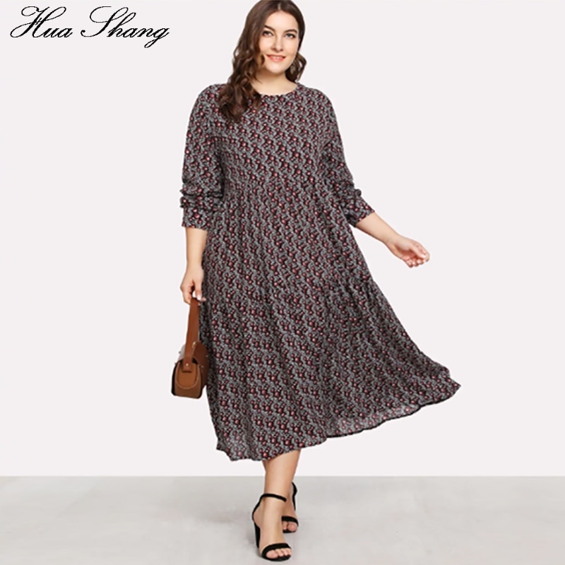 Autmn Winter Kleid Frauen O Hals Langarm retro Blumen- drucken max Lange Kleider Plus Größe verlieren Übergroßen Damen Tunika kleid