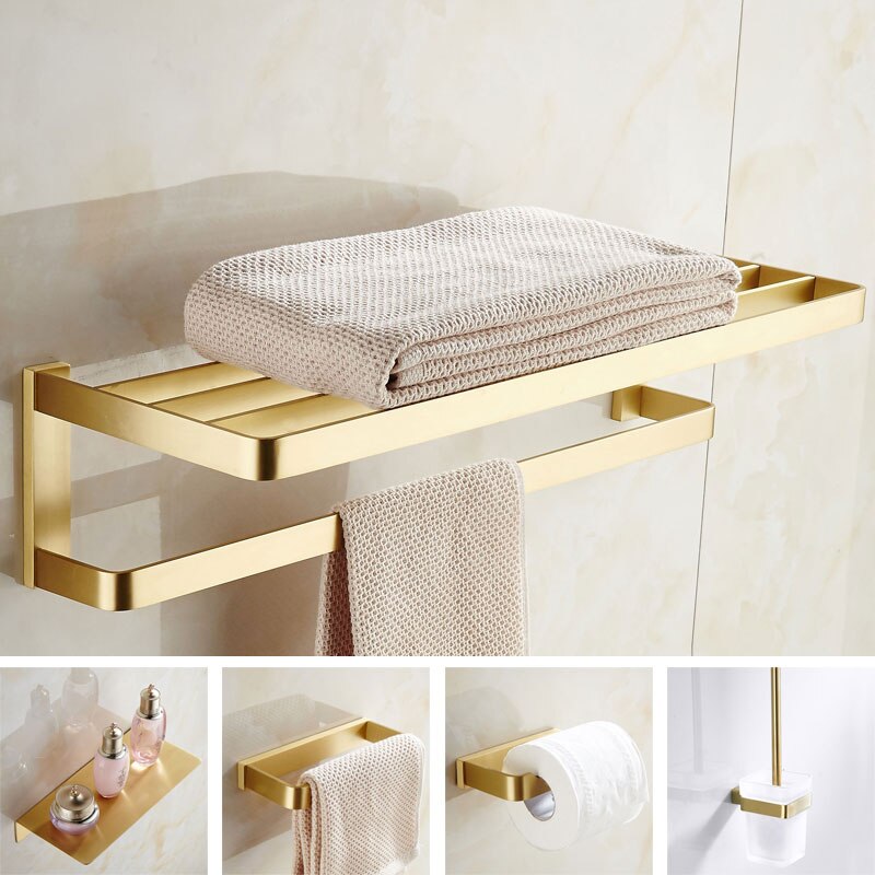 Badezimmer Zubehör einstellen Handtuch Gestell Ecke Regal Papier Halfter Haken Wc Pinsel Becken Wasserhahn Gebürstet Gold Schlecht Hardware- einstellen