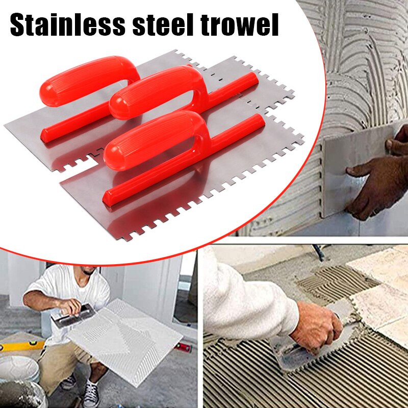 Edelstahl Zement Flaten Kelle mit Kerbe Fliesen Bordstein Kelle Platz Kerbe mit Griff für Zauberstab Boden Fliesen Mörtel BV789
