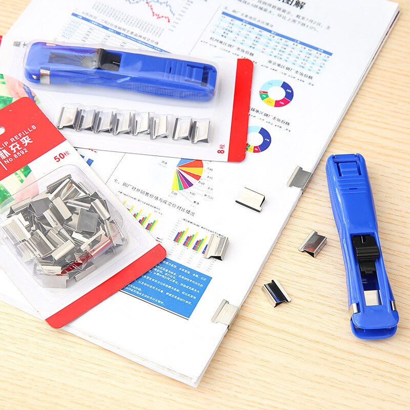 drücken-Clip Gerät Tragbare Handheld Papier Schnelle Muschel Clip Spender Metall Nachfüllung Clips Schule Büro Schüler Lieferungen Büroklammern