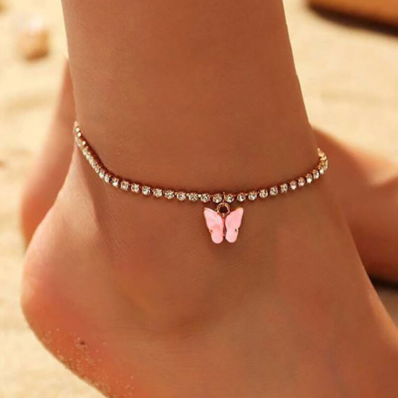 Schmetterling Kristall Fußkettchen Reize Knöchel Armbinde Fußkettchen Für Frauen Strand Fuß Schmuck Weiß Rosa Blau Lila Schmetterling Fußkettchen N145