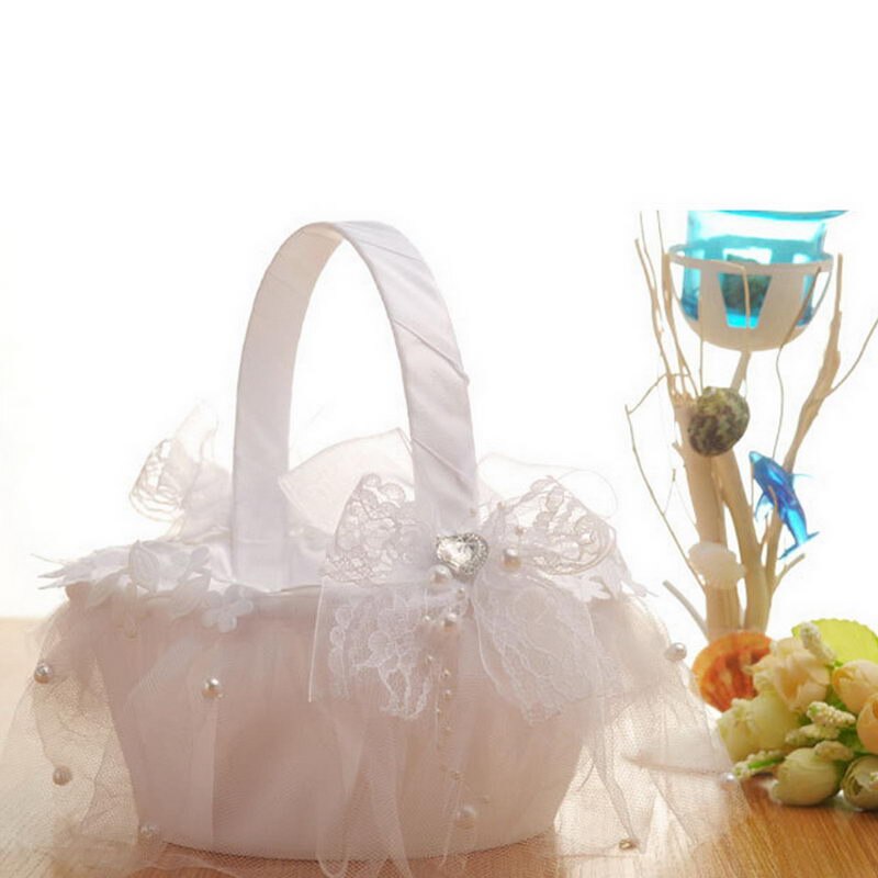 Romantische Blume Korb Weben Braut Körbe mit Spitze Satin- Perlen für Hochzeit OCT998