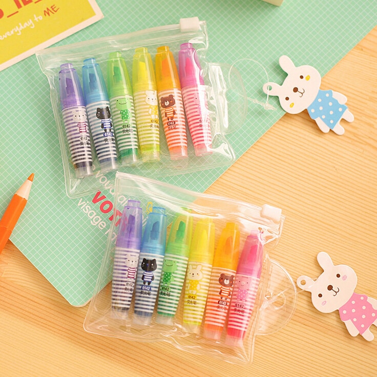 6 teile/los Neuheit Karikatur Ebene Textmarker Leuchtstoff Marker Stift Schreibwaren Nette Kawaii Mini Textmarker schule liefert