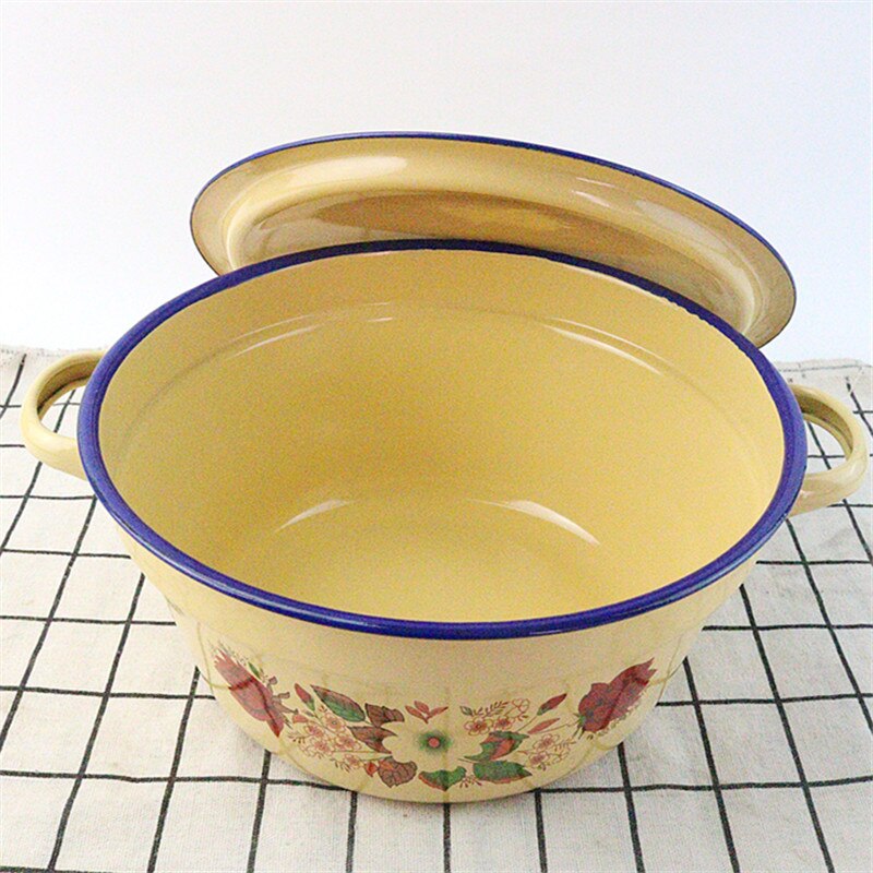 Emaille doppel ohr abgedeckt becken, 20cm alten gelb abgedeckt becken, suppe topf, rühren, lagerung, suppe topf