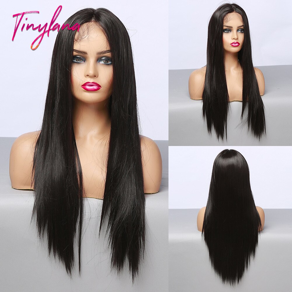 sehr klein LANA Schwarz Seidige Synthetische Mittleren Teil Spitze Perücken für Schwarze Frauen Lange Gerade Täglichen Natürliche Spitze Haar Perücke Wärme beständig