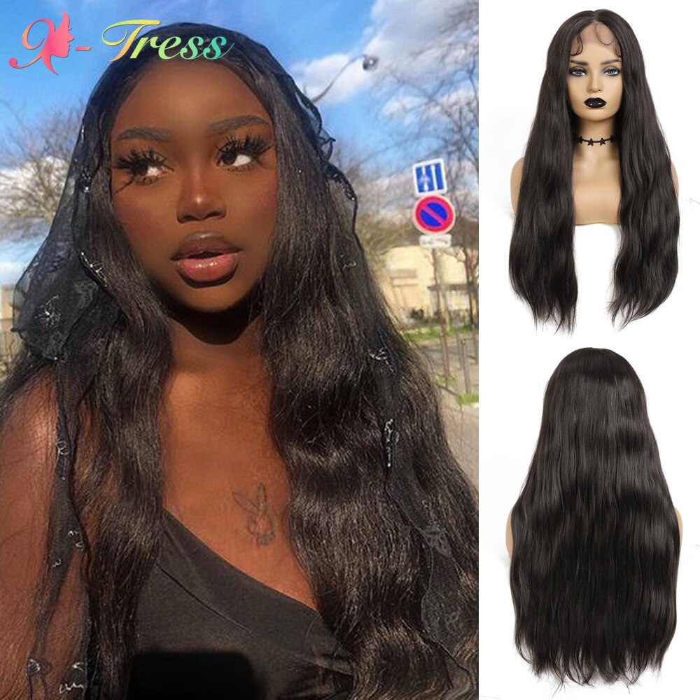 X-tresse Dunkelbraun Synthetische Perücken Mittleren Teil Spitze Vorderseite Perücke Für Frauen Natürliche Wellenförmige Spitze Perücke Mit Baby Haar Wärme beständig Faser