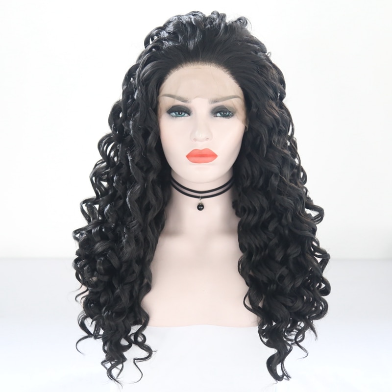 Freude & SCHÖNHEIT Schwarz Farbe Verworrene Lockige Synthetische Spitze Vorne Perücke 24 'Lange Wärme Beständig Faser 180 Dichte Spitze Vorderseite Perücke