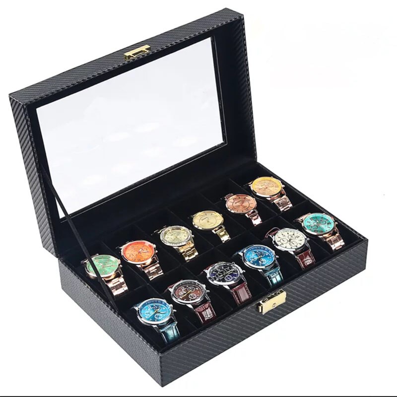 12 Schlüssel Kohlenstoff Faser Uhr Lagerung Kasten Mit Schloss Schwarz PU Leder Uhr Anzeige fallen Mechanische Uhr Lagerung Boxe