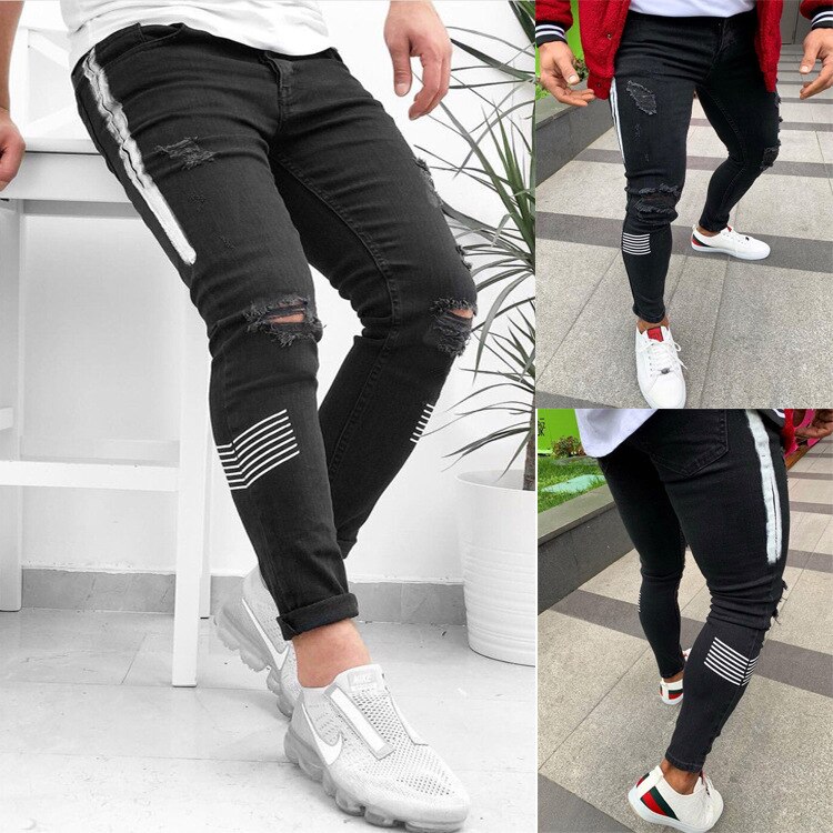 europäische Und Amerikanische männer Zerrissen Kleine Fuß Gedruckt strecken Jeans männer Jeans Schwarze Jeans