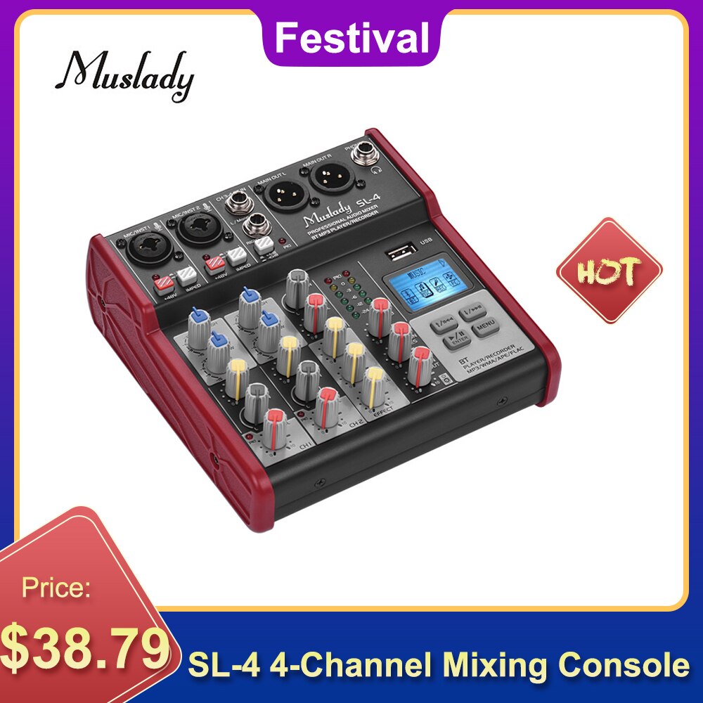 Muslady SL-4 Kompakte Größe 4-Kanal Mischpult Rührgerät 2-Band EQ Eingebaute 48V Phantom Energie Unterstützt BT Verbindung USB