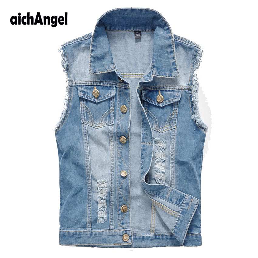Neue männer Denim Weste Jahrgang ärmellos Gewaschen Jeans Weste Mann Cowboy gerissen Jacke Cowboy Herren Jacken