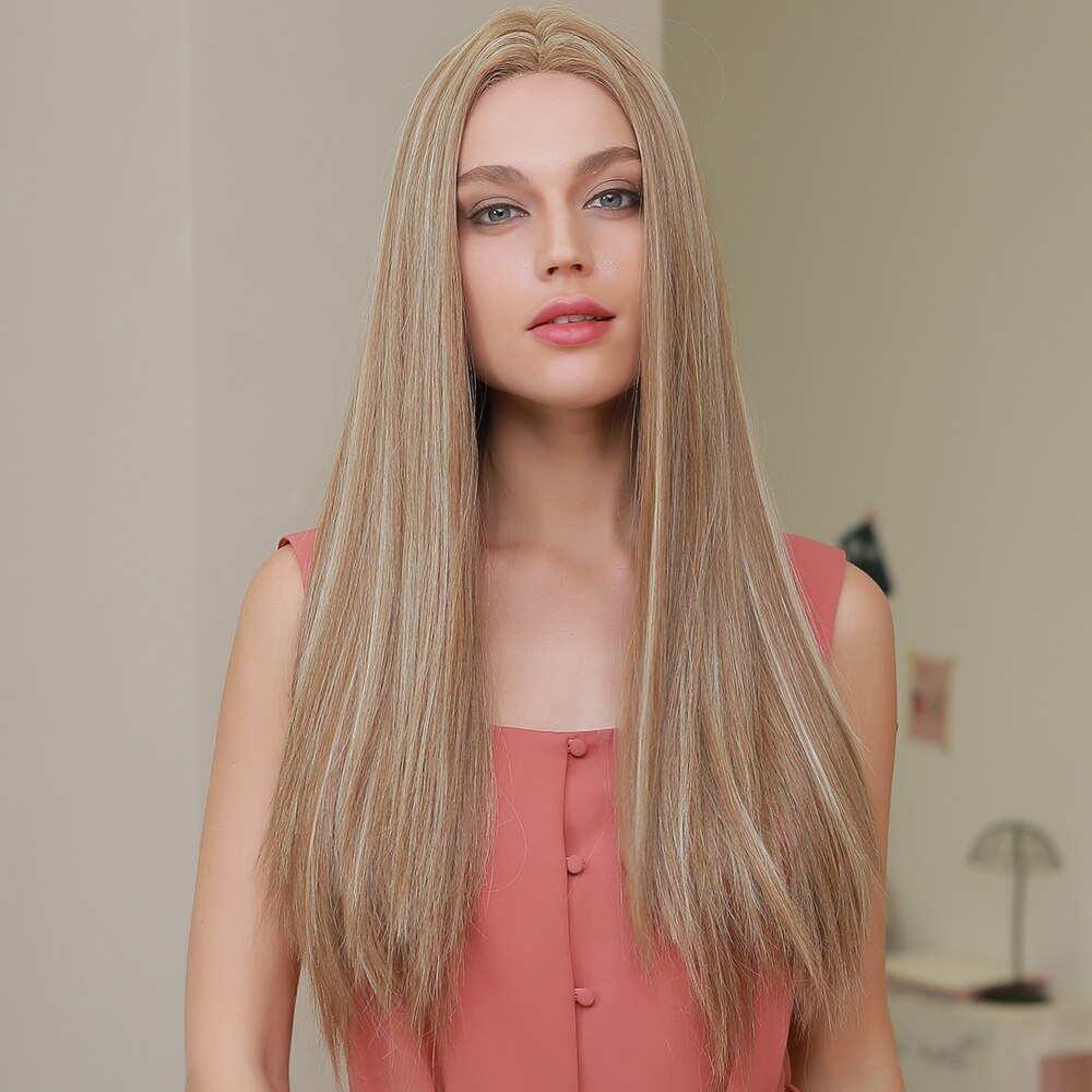 Lange Gerade blond mit Hightlight Spitze Perücken Baby Haar Hohe Dichte Spitze Vorderseite Perücken Wärme Beständig Synthetische Perücken für Frauen