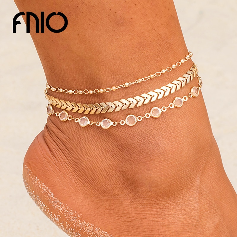 FNIO Kristall Pailletten Fußkettchen einstellen für Frauen Strand Fuß Schmuck Jahrgang ErkläSprosse Fußkettchen Boho Stil Schmuck Sommer Party 3 teile/satz