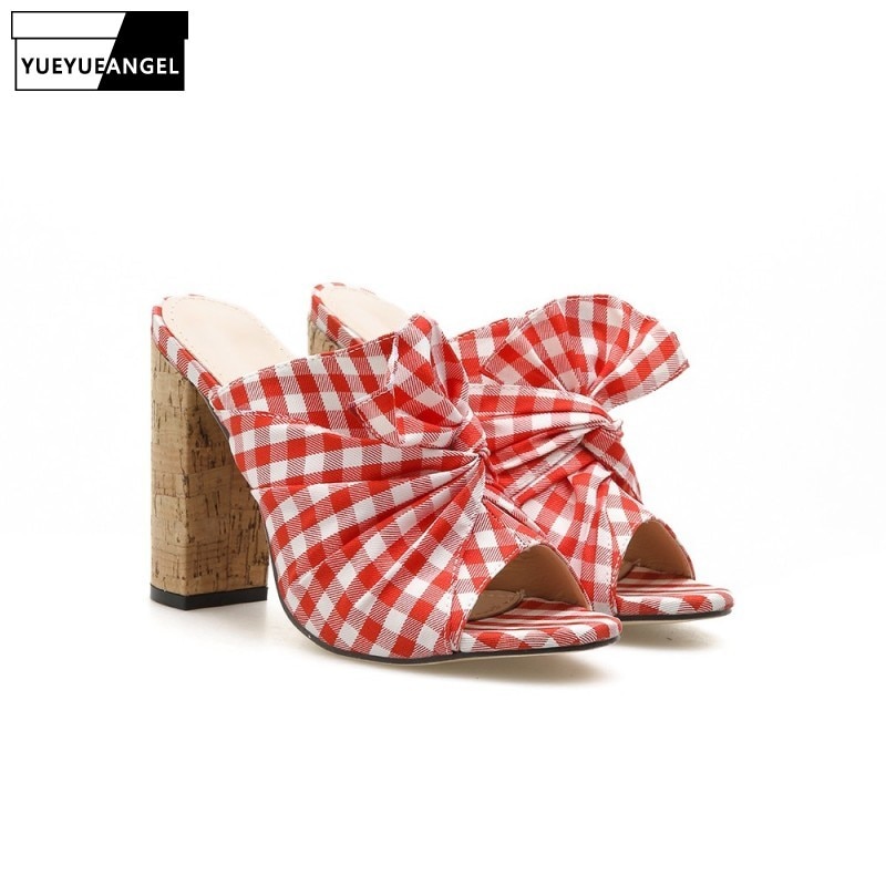 Sommer Frauen Plaid-Block hoch Fersen Sandalen Unterhose Auf Hausschuhe Schuhe Süße Damen Überprüfen Gingham gucken Zehe Sandalen Schuhe Große größe