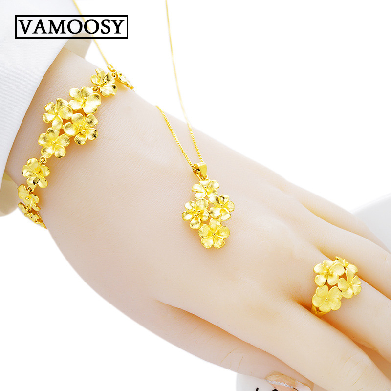 Feine Hochzeit Braut Schmuck einstellen 100% 24K Gold Pflaume Blüte Offene Ringe, halsketten, armbänder für Frauen Dubai Schmuck-setzt