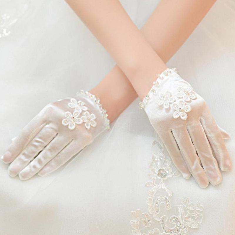 Weiß Satin- Handschuhe Spitze Appliques Perle Frauen Kurze Kleid Handschuhe Hochzeit Handschuhe Für Braut Braut Handschuh Guantes De Novia