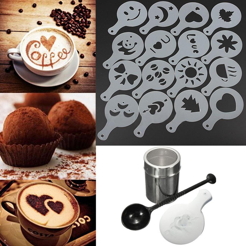 16 teile/satz Cappuccino Kaffee Schablone Staubtuch Edelstahl Schokolade Shaker Staubtuch Kaffee Messlöffel Küche Werkzeuge