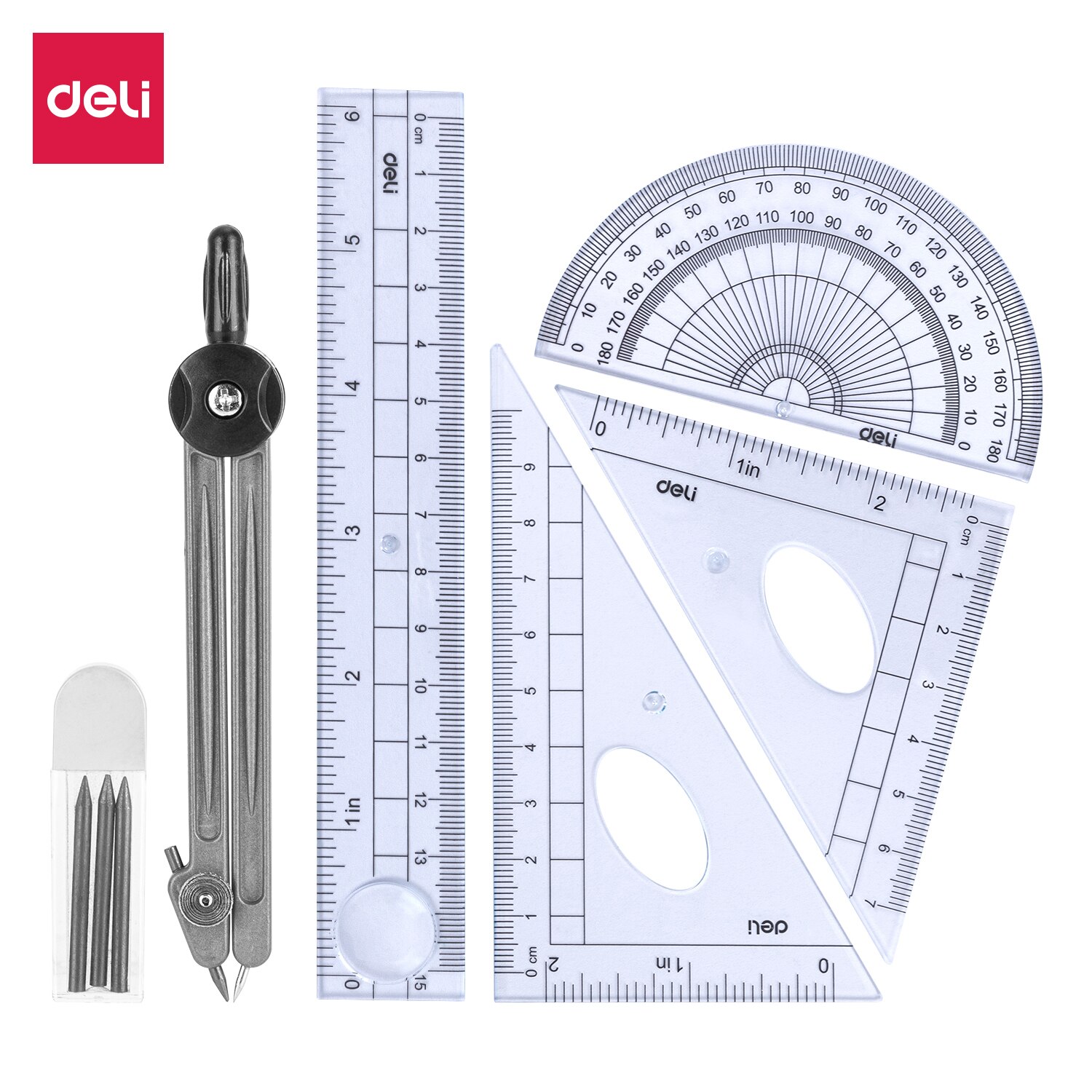 Delikatessen Schule Ausarbeitung/Schule Ausarbeitung-Ausarbeitung einstellen 6 stücke Lineal einstellen Quadrate Winkelmesser Kompass 15cm transparent E9609