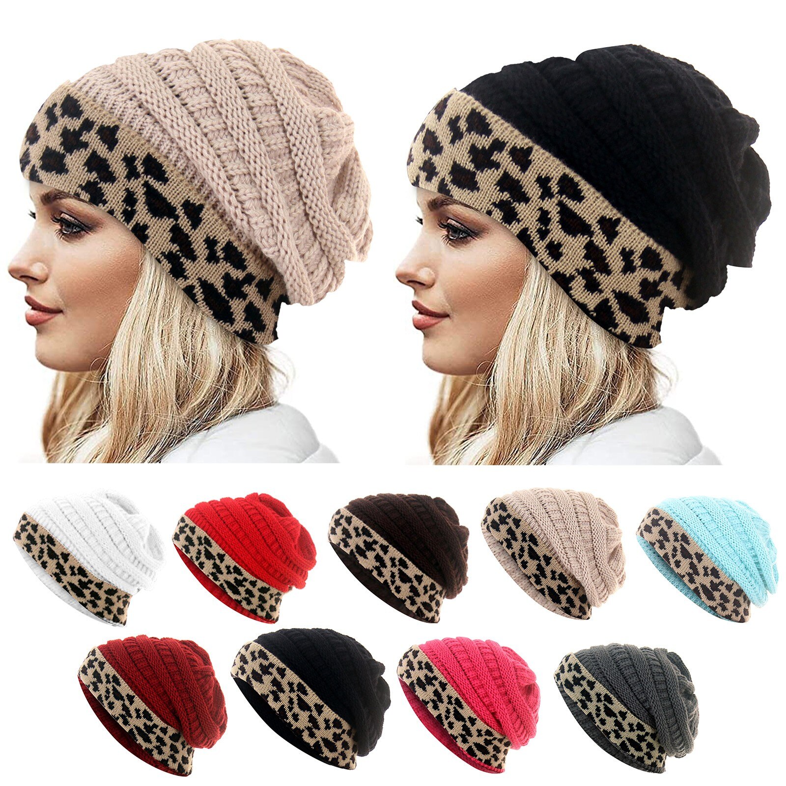 lässig Alle-Passen Frauen unisex stricken Mütze Winter Dicke Leopard Vlies Gefüttert Mütze Warme Bequeme Hüte Schnelle