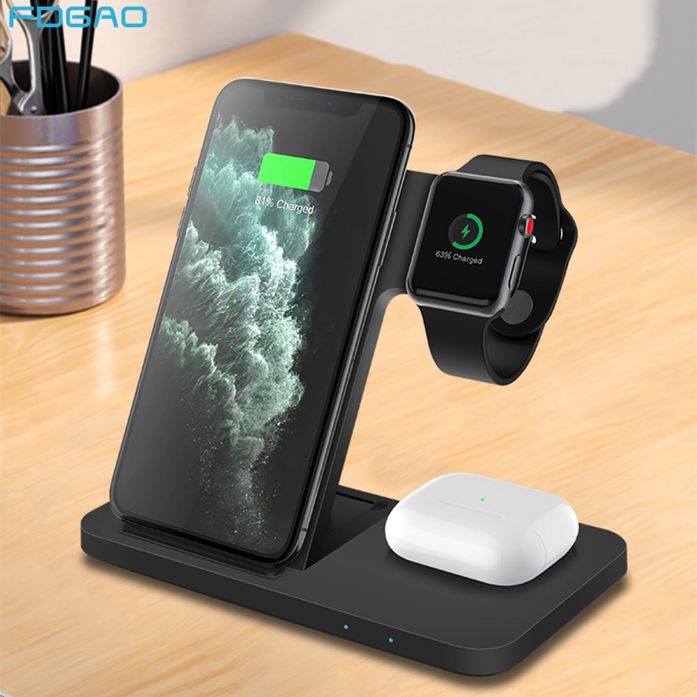 FDGAO 15W Drahtlose Ladegerät Stehen 3 in 1 Qi Schnelle Ladung Dock Bahnhof Für iPhone 12 11 XS XR X 8 Apfel Uhr 6 5 4 3 AirPods Profi