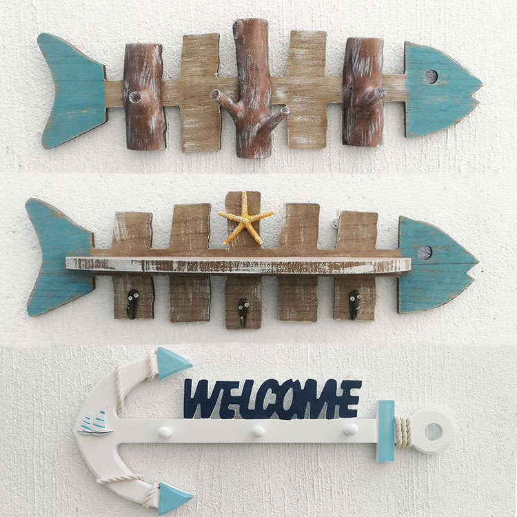 Veranda Holz Zauberstab Hängen Dekorative Haken Mantel Kappe Hängen Schlüssel haken Hängen Fisch Knochen Eisen Anker Mantel Hängen Hause Dekoration