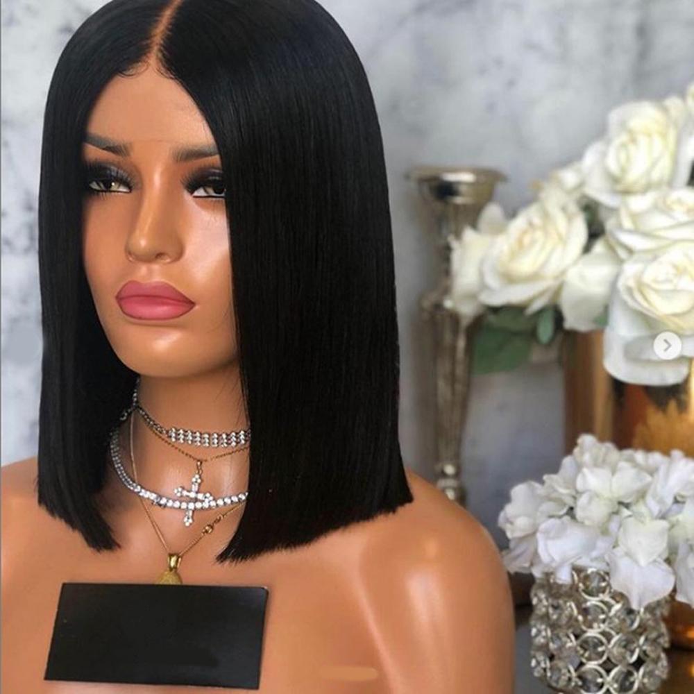 DLME Schwarz farbe Kurze Bob Perücke Für Schwarze Frauen Hitze Beständig Haar Schwarz Synthetische Spitze Vorderseite Perücken