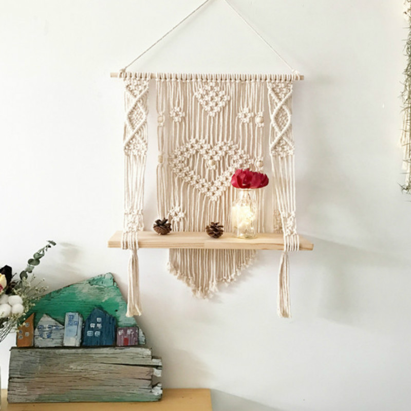Holz Doppel-schicht Macrame Zauberstab Hängen Regal Partition Rahmen Decoracion Hogar Korb Anlage Halfter Blume Korb Boho Dekor