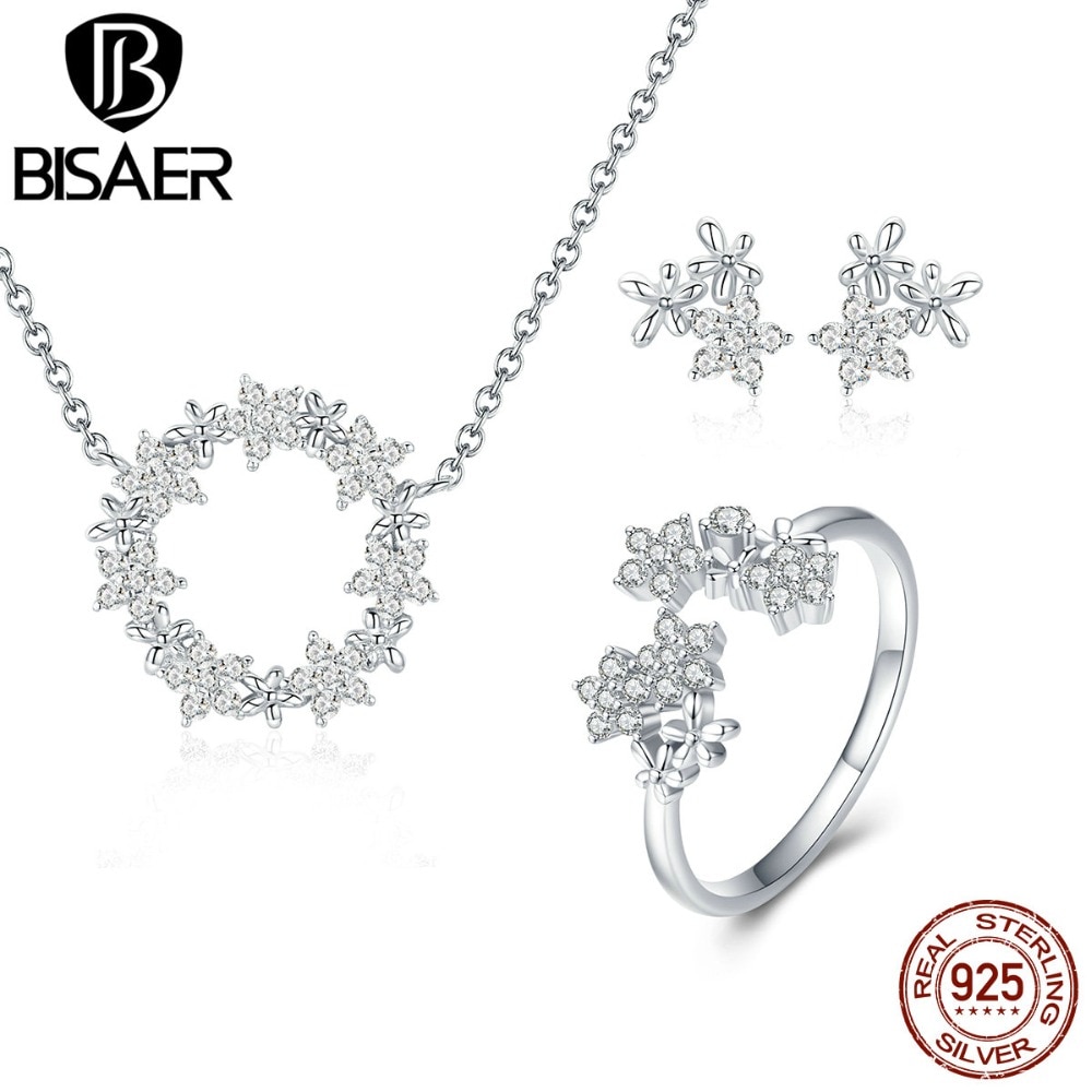 BISAER 100% 925 Sterling Silber Klar CZ Blume Gänseblümchen Frauen Silber Ohrringe Ringe Schmuck-setzt Hochzeit Dubai Braut Schmuck
