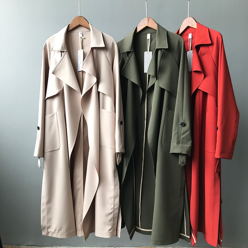 frühling Frauen Lange Mantel Drehen Unten Kragen Harajuku Frauen Armee Grün Graben Mantel Casaco Feminino Abrigo Mujer Graben Femme