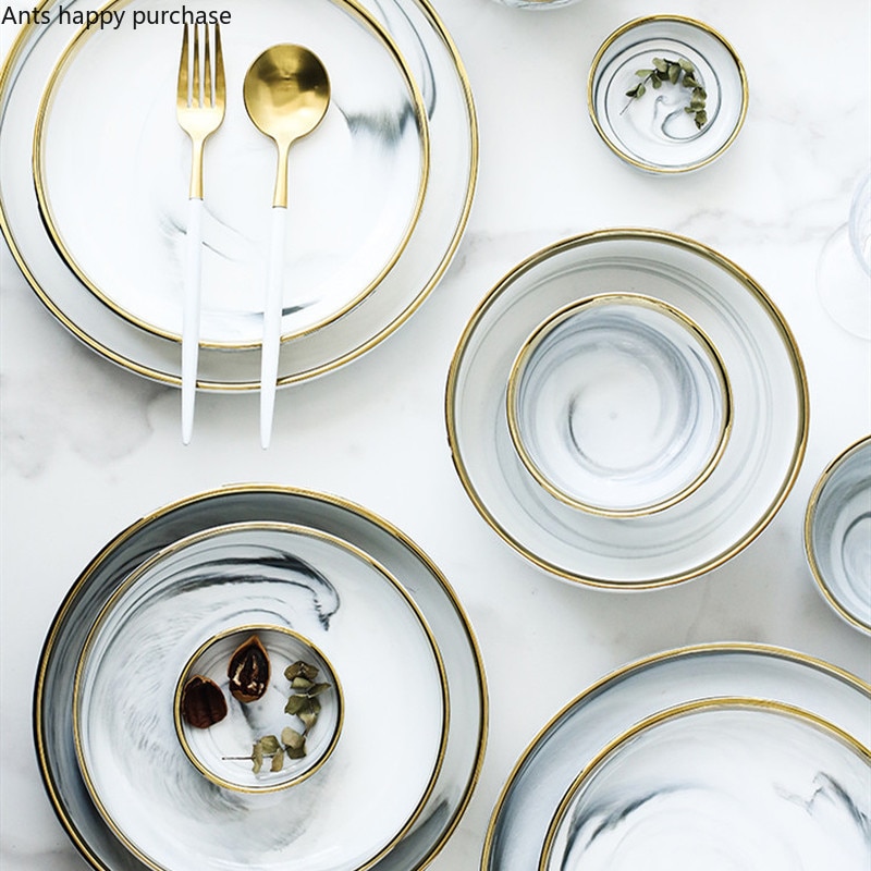 Phnom Penh Marmor Geschirr Keramik Platte Dekoration Platte Geschirr einstellen Restaurant Dekorative Geschirr Runde Gerichte und Platten setzt