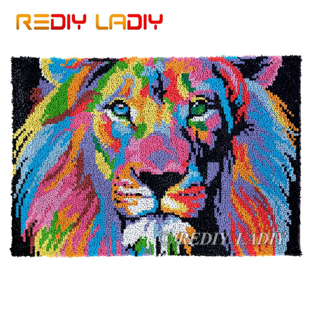 verriegeln Haken Teppich Regenbogen Löwe klobig Garn Tapisserie Bausätze Häkeln Kissen matt DIY Teppich Teppich Hand Hobby &Ampere; Handwerk 85*58cm