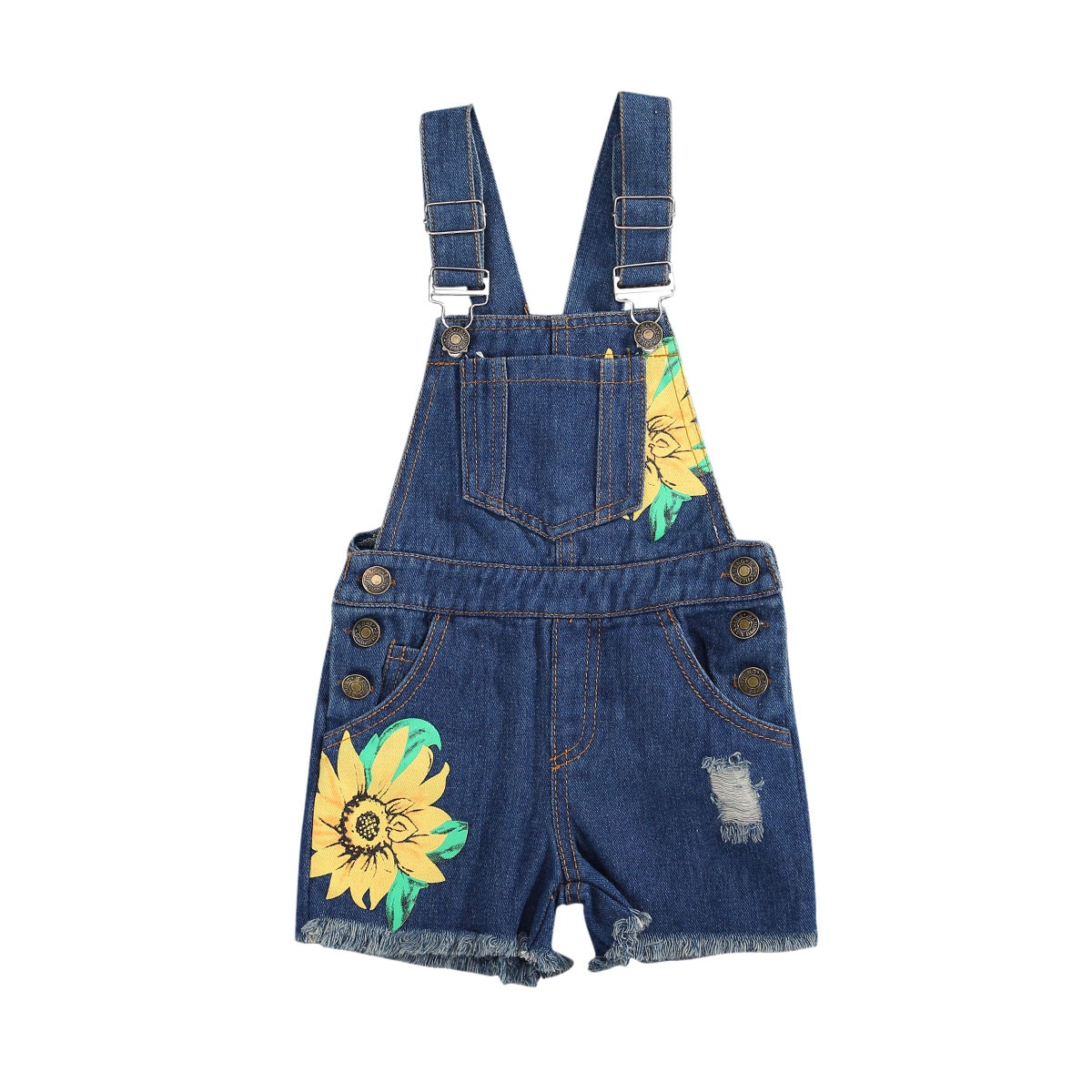 FOCUSNORM 0-3Y freundlicher Mädchen Denim Overall kurze Hose Sonnenblumen Druck Geschmack Blau Gerade Overall Hosen