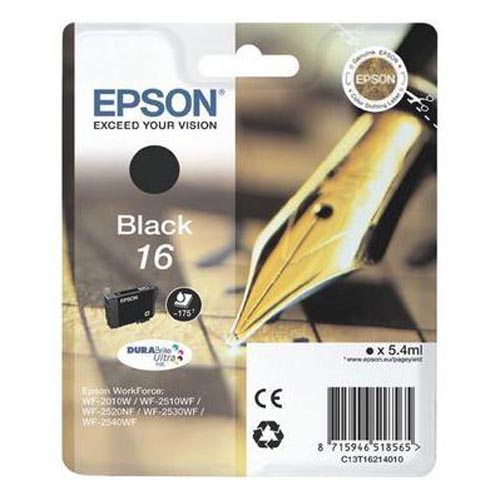 Epson E16bk Druckerpatronen bk - Epson No. 16 bk, C13T16214010 für z.B. Epson WorkForce WF -2010 W, Epson WorkForce WF -2500