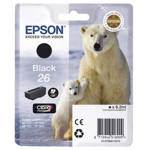 Epson E26bk Druckerpatronen bk - Epson No. 26 bk, C13T26014010 für z.B. Epson Expression Premium XP -510, Epson Expression Premium XP -520