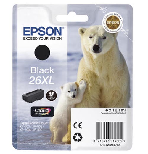 Epson E26XLbk Druckerpatronen XL bk - Epson No. 26XL bk, C13T26214010 für z.B. Epson Expression Premium XP -510, Epson Expression Premium XP -520