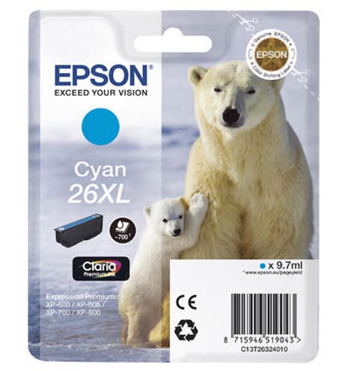 Epson E26XLc Druckerpatronen XL cy - Epson No. 26XL c, C13T26324010 für z.B. Epson Expression Premium XP -510, Epson Expression Premium XP -520