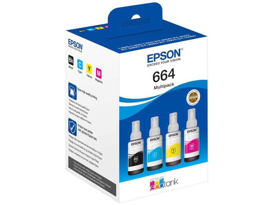 Epson E664 Druckerpatronen (bk, c, m, y) - Epson No. 664, C13T664640 für z.B. Epson L 355, Epson EcoTank ET -14000, Epson EcoTank ET -2500