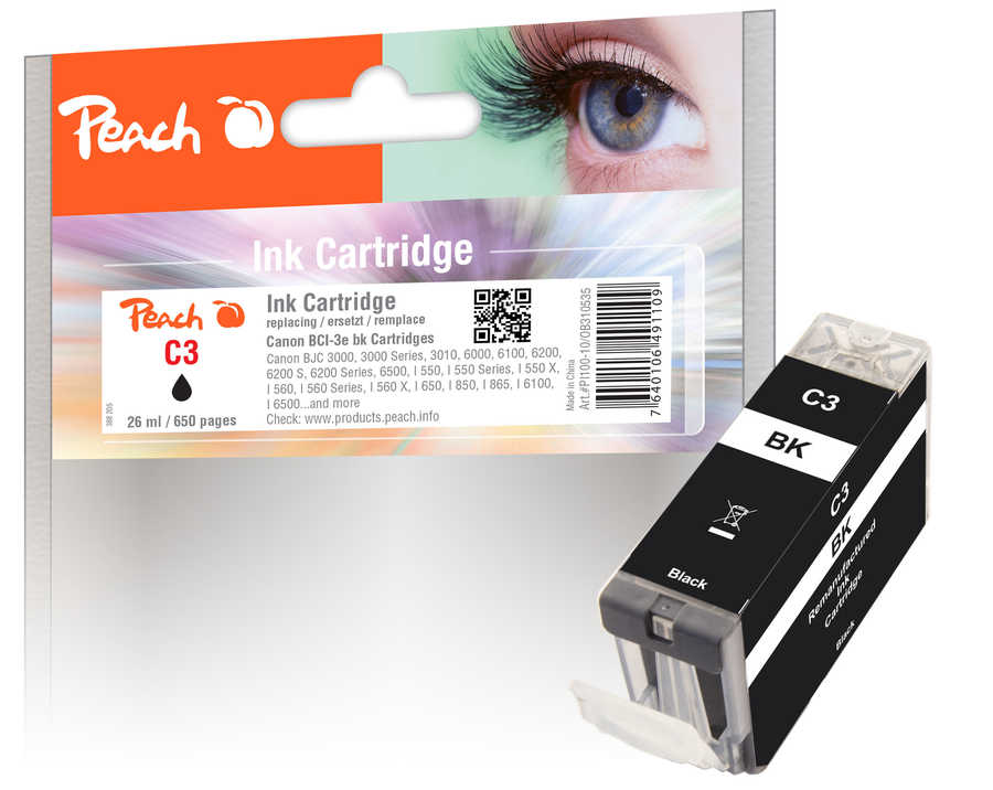 Peach C3 eBK Druckerpatrone bk ersetzt Canon BCI-3eBK, 4479A002 für z.B. Canon I 560, Canon BJC 3000, Canon BJC 3010, Canon BJC 6000, Canon BJC 6100