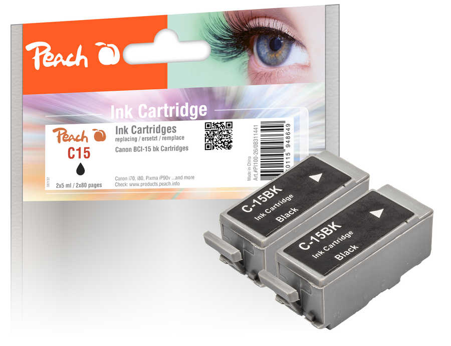 Peach C15 BK 2 Druckerpatronen 2*bk ersetzt Canon BCI-15BK*2, 8190A002 für z.B. Canon I 70, Canon I 80, Canon Pixma IP 90, Canon Pixma IP 90 V