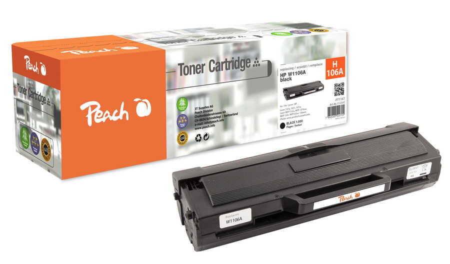 Peach HP 106 A Toner bk ersetzt HP No. 106A, W1106A für z.B. HP Laser 107 a, HP Laser 107 r, HP Laser 107, HP Laser 107 w, HP Laser MFP 130