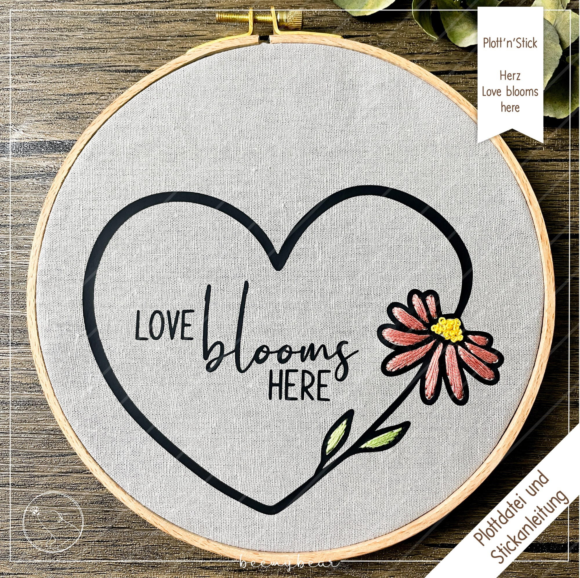 Plotter- und Stickdatei beemybear Plott'n'Stick Herz Love blooms here