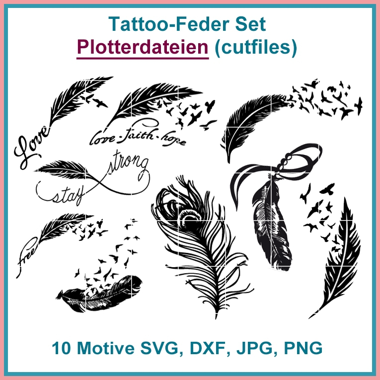 Plotterdatei Rock Queen Tattoo Federn Set