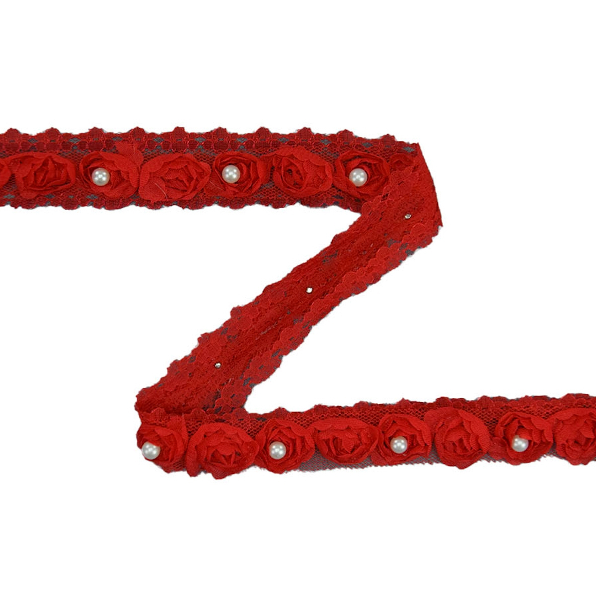 Rosen Tüllband mit Perle, 25 mm, rot