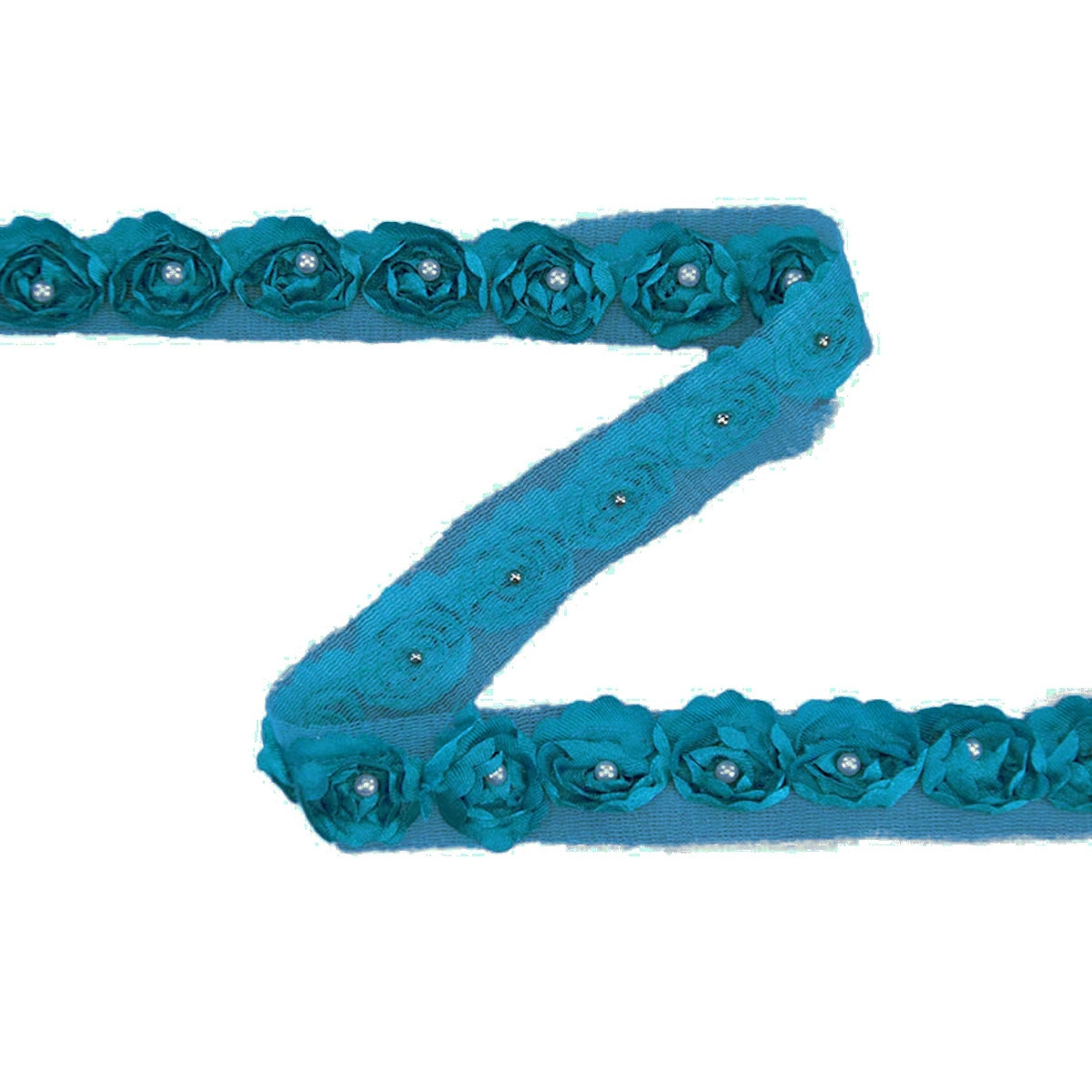 Rosen Tüllband mit Perle, türkis 25 mm
